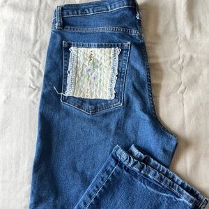 Banana Republic Straight Leg Blue Jeans Upcycled with Embroidery patches